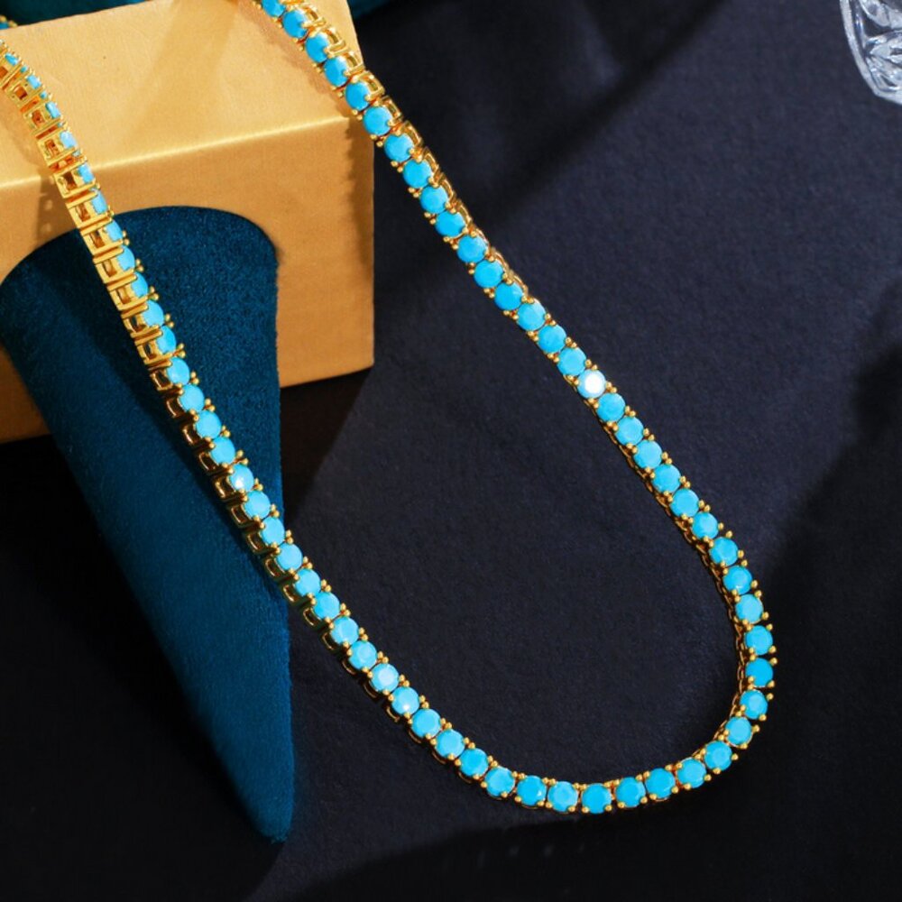 14K Gold Womens 16" Natural Turquoise Gemstone Tennis Necklace Ladies Jewelry - Picture 6 of 10
